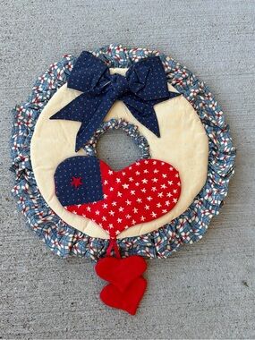 Handmade Cloth Patriotic USA Wreath Door Hanger Fabric Quilted Hearts Painted